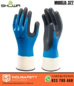 Guante Showa 377 de nitrilo impermeable azul y negro para protección industrial