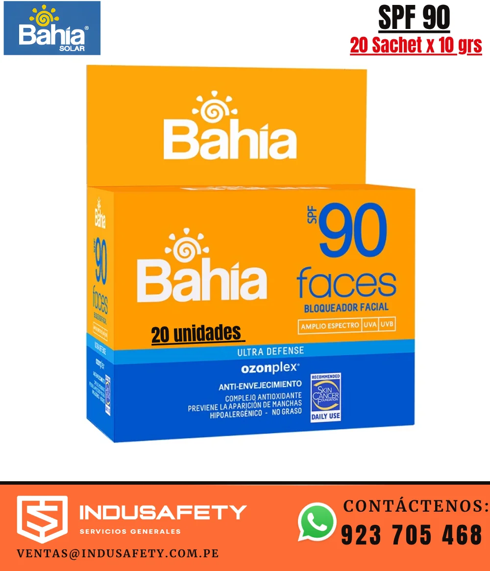 Bloqueador Solar Bahía SPF 90 Face Sachet x 10 g caja x 20 unidades para protección facial UVA y UVB