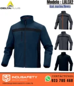 Casaca softshell Delta Plus LULEA2 azul marino negro con cierre frontal y diseño industrial.