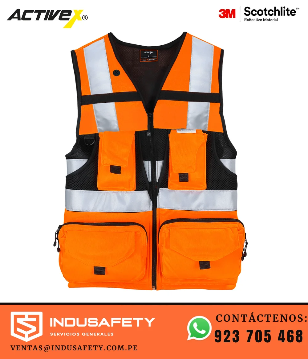 Chaleco Geólogo Minero con Cintas 3M Naranja de Alta Visibilidad