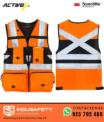 Vista frontal y posterior del Chaleco Geólogo Minero con Cintas 3M Naranja de Alta Visibilidad