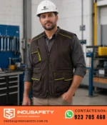 Trabajador con chaleco Delta Plus en entorno industrial.