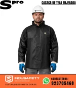 Casaca de tela enjebada negra SPRO para trabajo industrial con diseño impermeable y resistente.