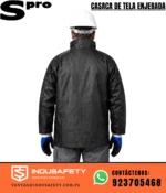 Casaca de tela enjebada negra SPRO vista posterior para trabajo industrial con diseño impermeable y resistente.