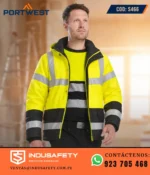Casaca térmica impermeable Portwest S466 de alta visibilidad con cintas reflectivas, capucha y diseño resistente para trabajo industrial.