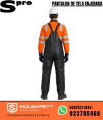 Pantalón de tela enjebada negra SPRO vista posterior para trabajo industrial con tirantes y diseño resistente.