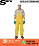 Pantalón enjebado amarillo SPRO con tirantes, cinta reflectiva, casco blanco 3M y guantes Showa 377 para trabajo industrial.