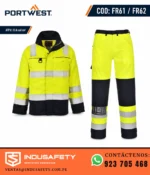 Pantalón ignífugo Portwest FR62 de alta visibilidad junto a chaqueta FR61 con ATPV 13.6 cal/cm²