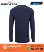 Polo manga larga Portwest B123 color azul marino, vista posterior, diseñado para uso laboral cómodo y resistente.