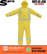 Ropa de jebe con capucha SPRO amarilla con cinta reflectiva para trabajo industrial y mina.