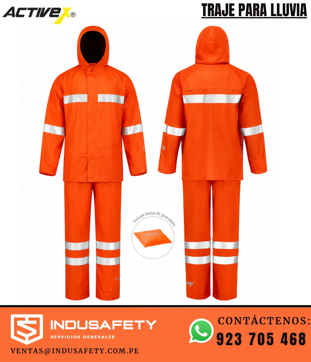 Traje para Lluvia Naranja con Cinta Reflectiva 2 Piezas frontal y espalda