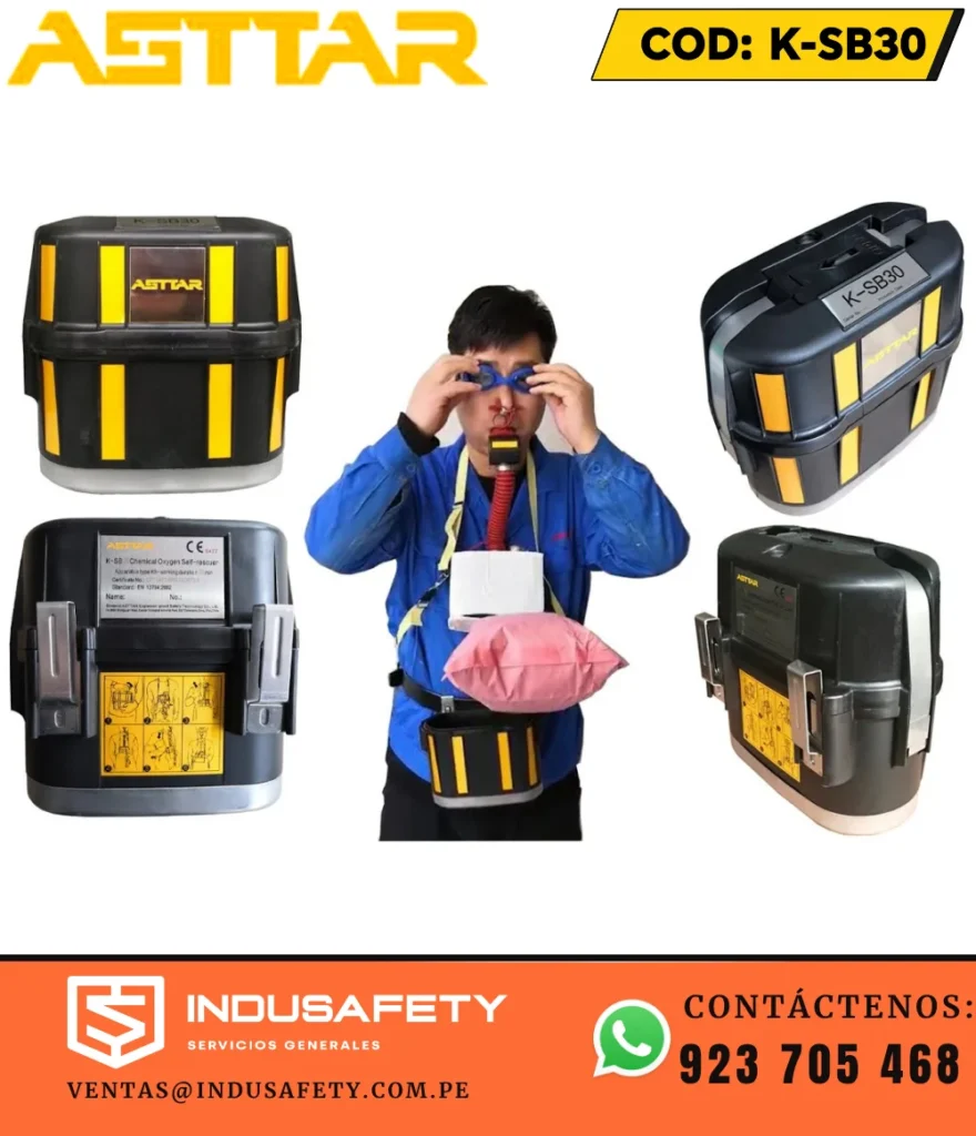 Autorescatador ASTTAR K-SB30 de circuito cerrado para escape de emergencia en minería, espacios confinados y ambientes con atmósferas peligrosas.