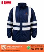 Casaca térmica industrial azul marino impermeable con cinta reflectiva en H