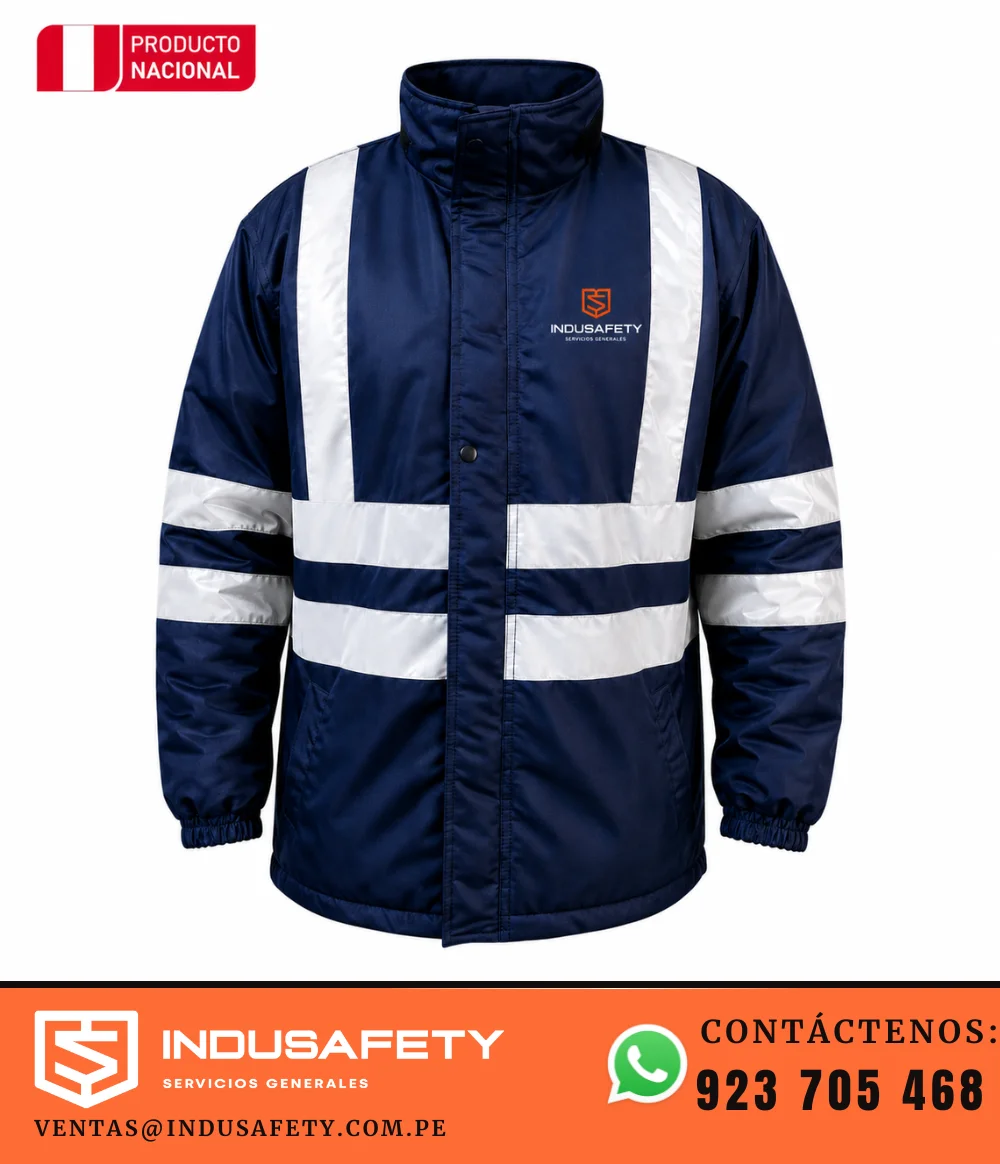 Casaca térmica industrial azul marino impermeable con cinta reflectiva en H