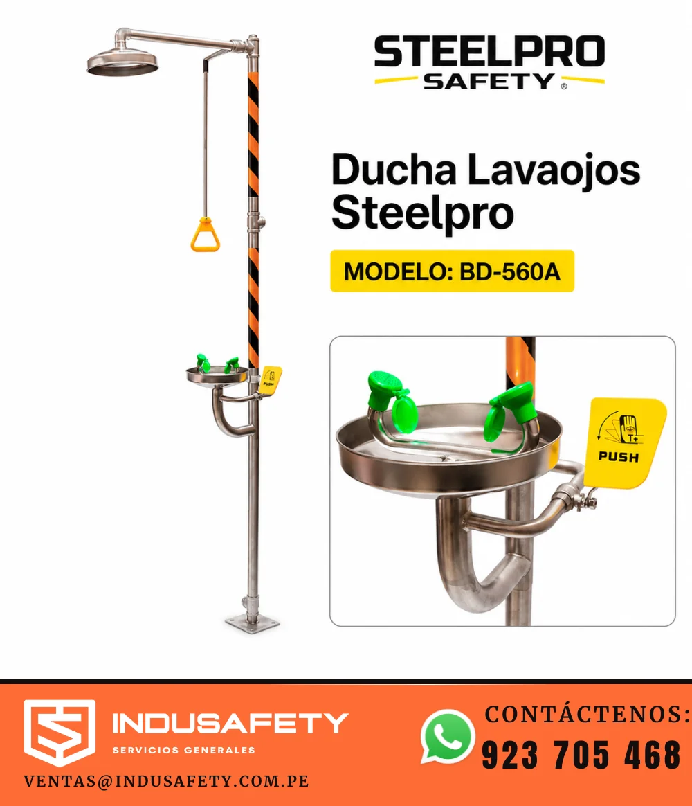Ducha Lavaojos Steelpro Inox BD-560A de acero inoxidable para emergencia industrial