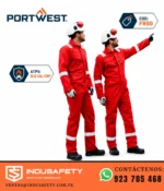 Overol ignífugo rojo Portwest FR50 en uso con cinta reflectiva 13.6 cal/cm²