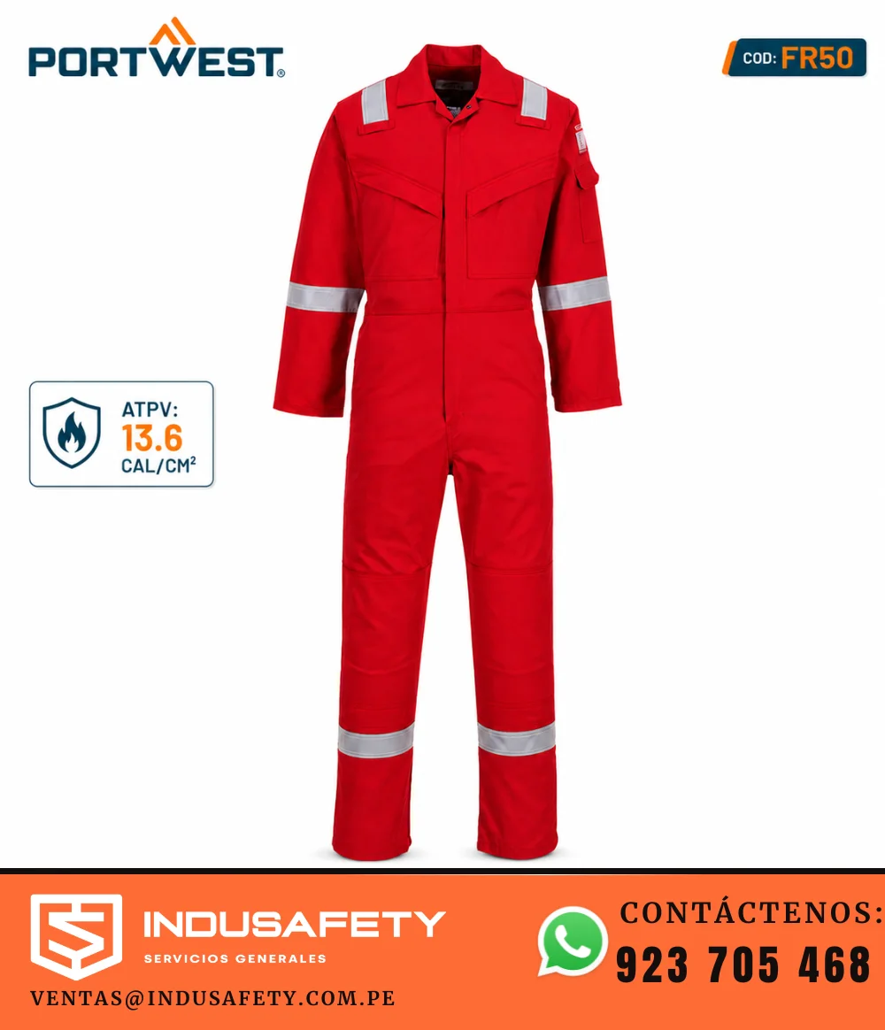 Overol ignífugo rojo Portwest FR50 con cinta reflectiva 13.6 cal/cm²