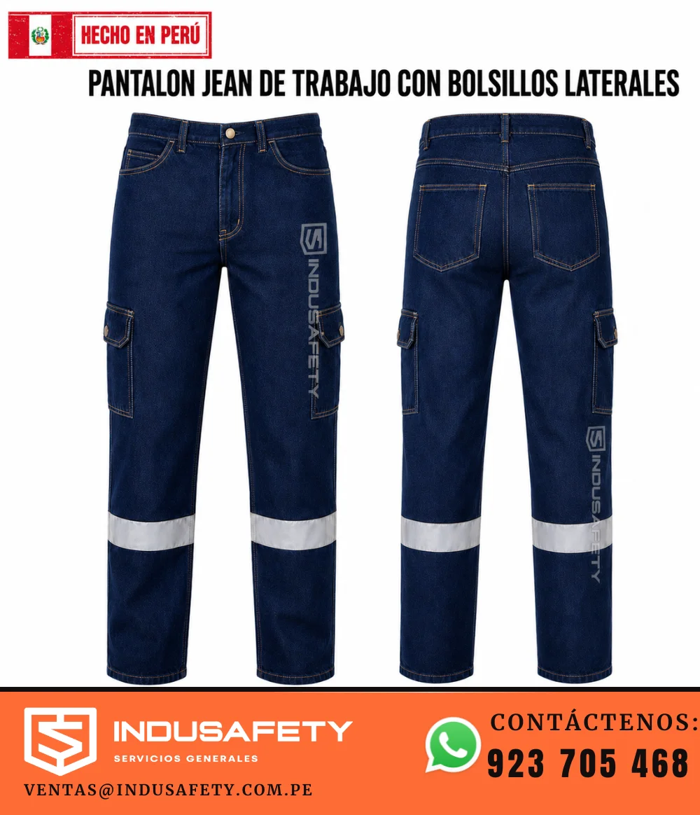 Pantalón jean de trabajo tipo cargo con cinta reflectiva
