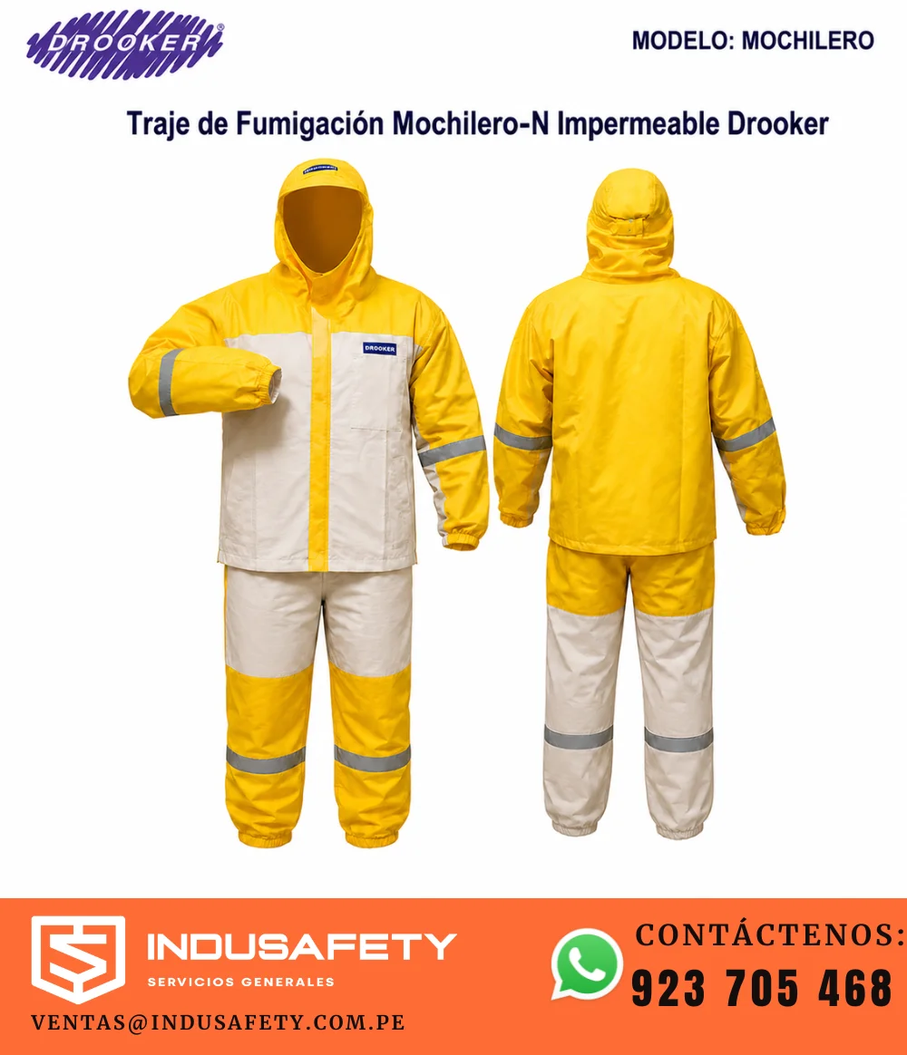 Traje de fumigación tipo mochilero Drooker impermeable en vista frontal y posterior