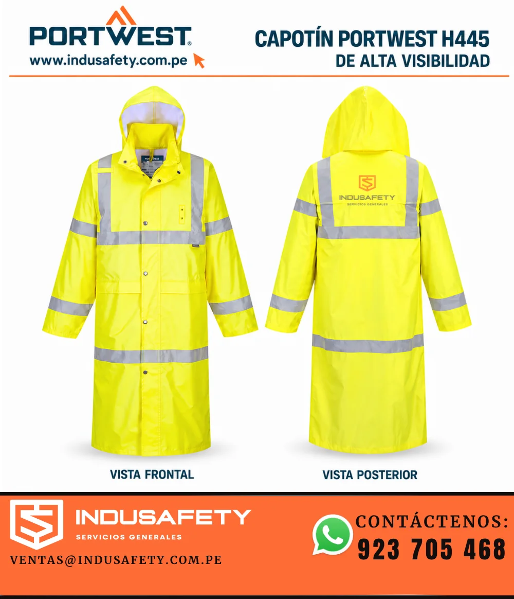 Capotín impermeable de alta visibilidad Portwest H445 en vista frontal y posterior
