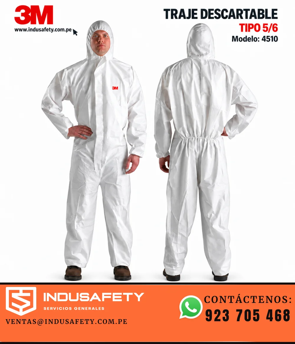 Traje descartable 3M 4510 Tipo 5/6 en vista frontal y posterior