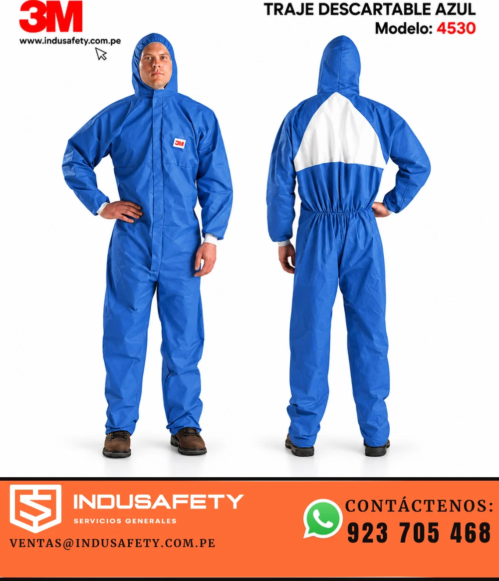 Traje descartable 3M 4530 azul Tipo 5/6 en vista frontal y posterior