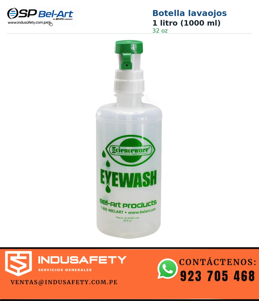 Botella lavaojos Bel-Art de 1 litro (1000 ml), capacidad de 32 oz