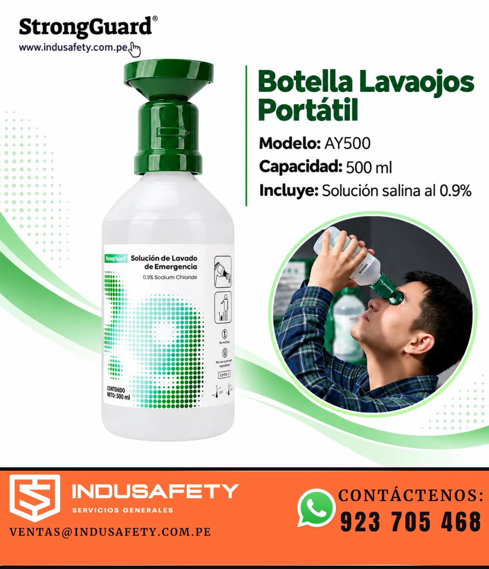 Botella lavaojos portátil AY500 StrongGuard de 500 ml con solución salina estéril