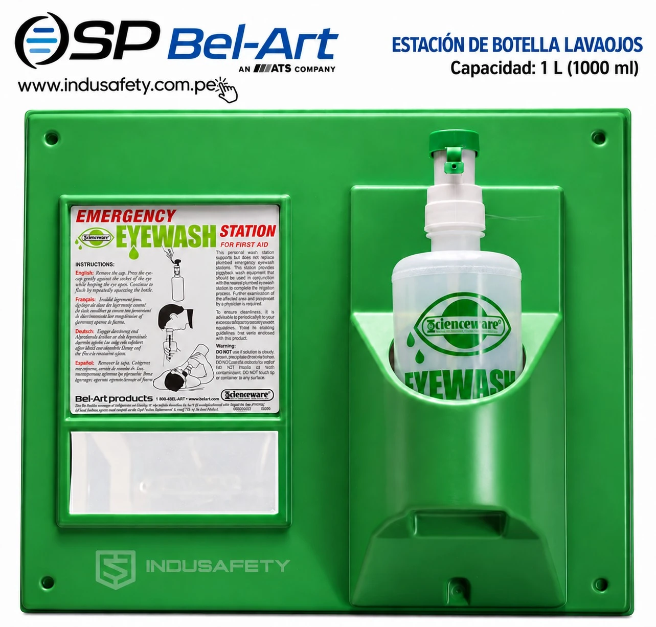 Estación lavaojos Bel-Art de 1000 ml (1 litro) con botella y soporte de pared para emergencias oculares.