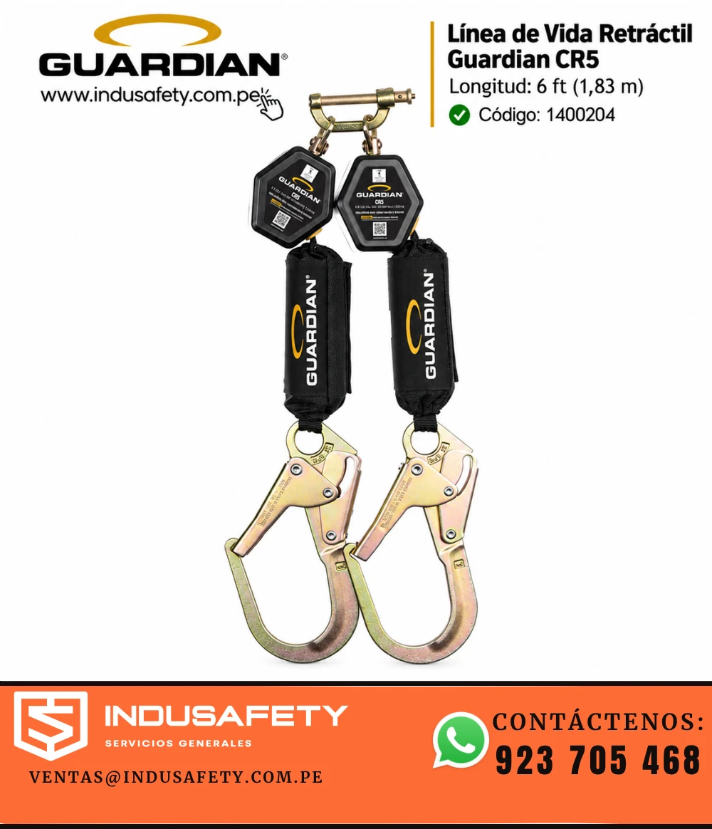 Línea de vida retráctil Guardian CR5 1400204 de doble cinta, 6 ft (1,83 m), con ganchos de acero.